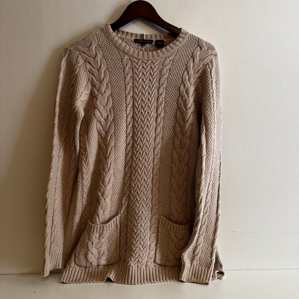 Jeanne Pierre Women's Tan Cable Knit 100% Cotton Crewneck Sweater M Grandmacore